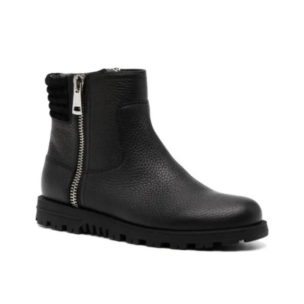 Gucci Black Pebbled Leather Moto Ankle Boots Lug Sole Zip Size 38